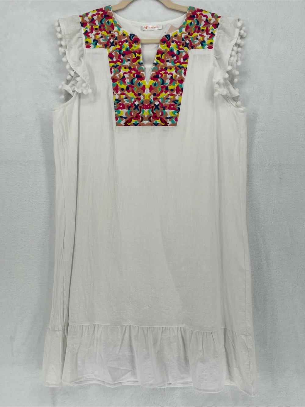Kirundo White Embroidered Linen Look Gauze Dress XL NWT Swim Cover PomPom Beach